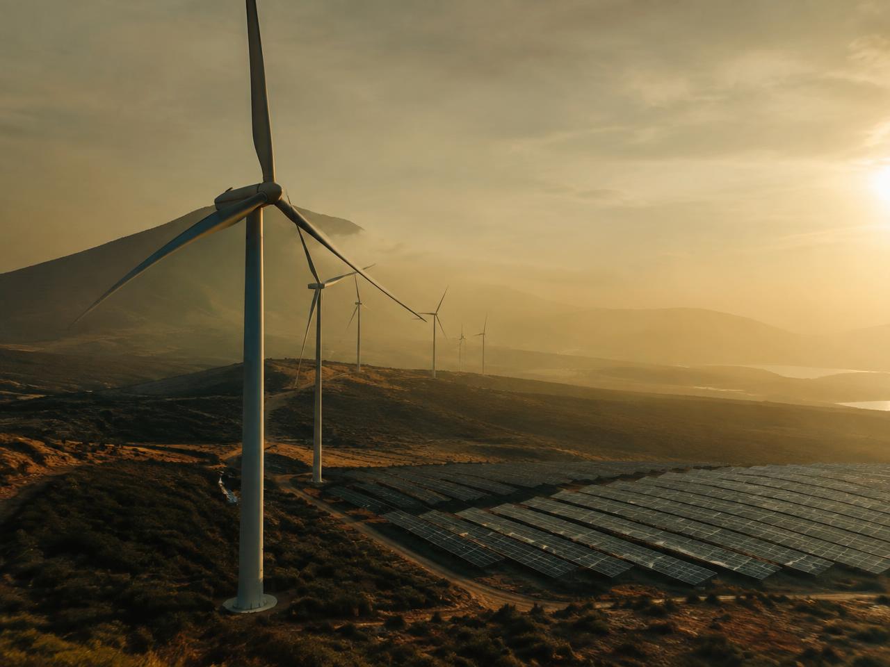 Wind turbines above a solar array on a warm plateau