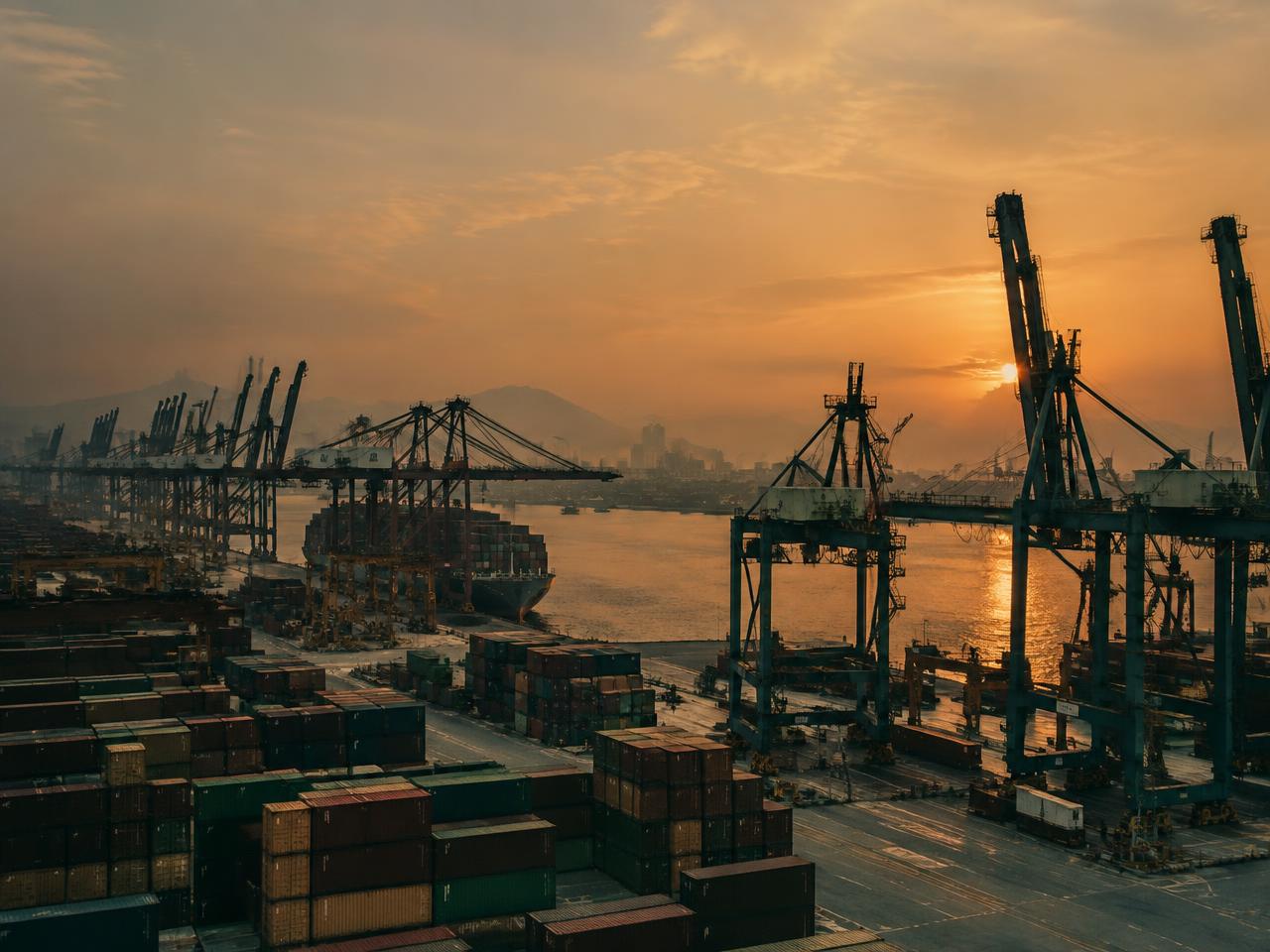 Port terminal cranes and stacked containers at dusk