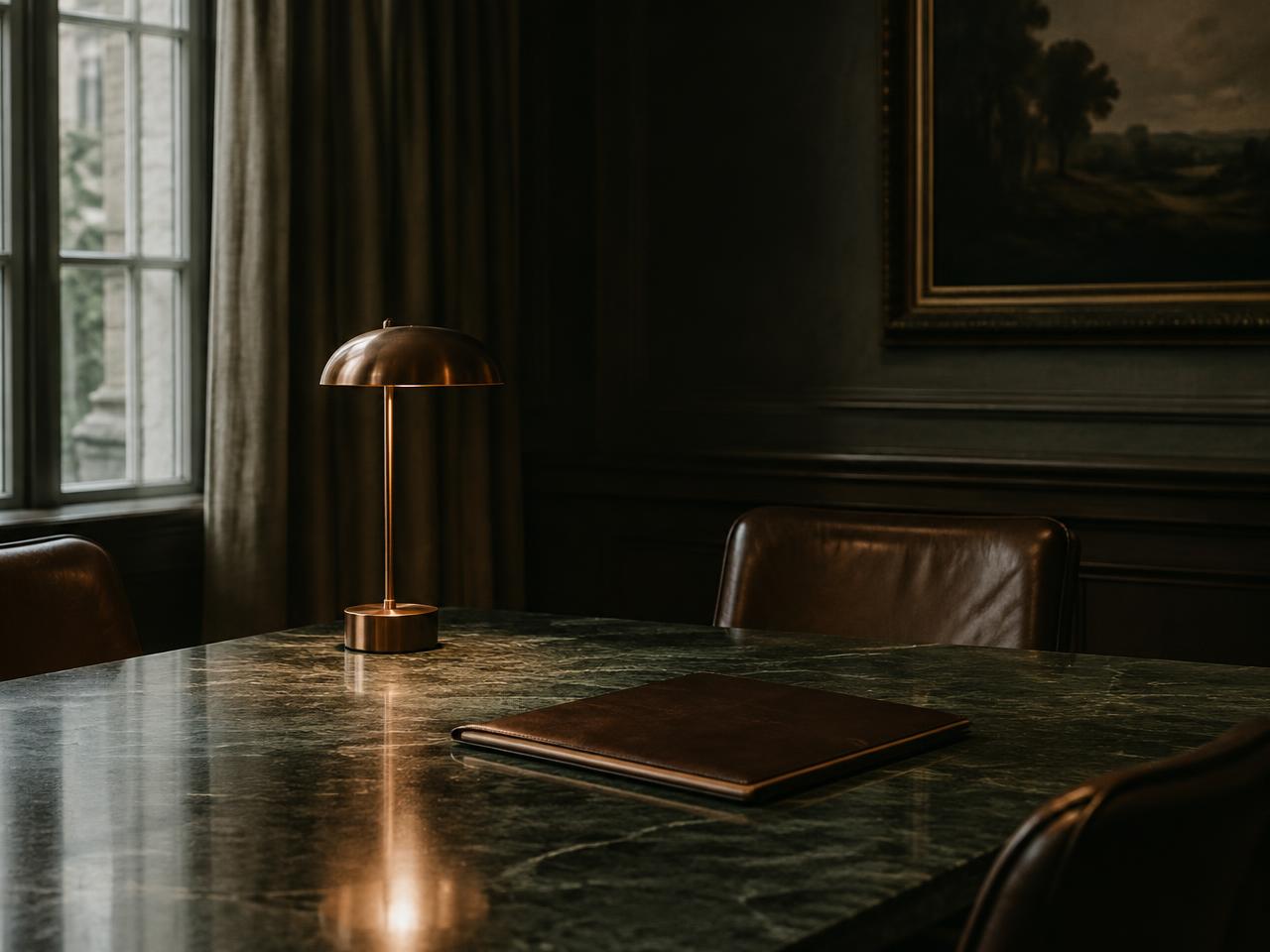 Quiet private meeting room with green marble table and copper lamp