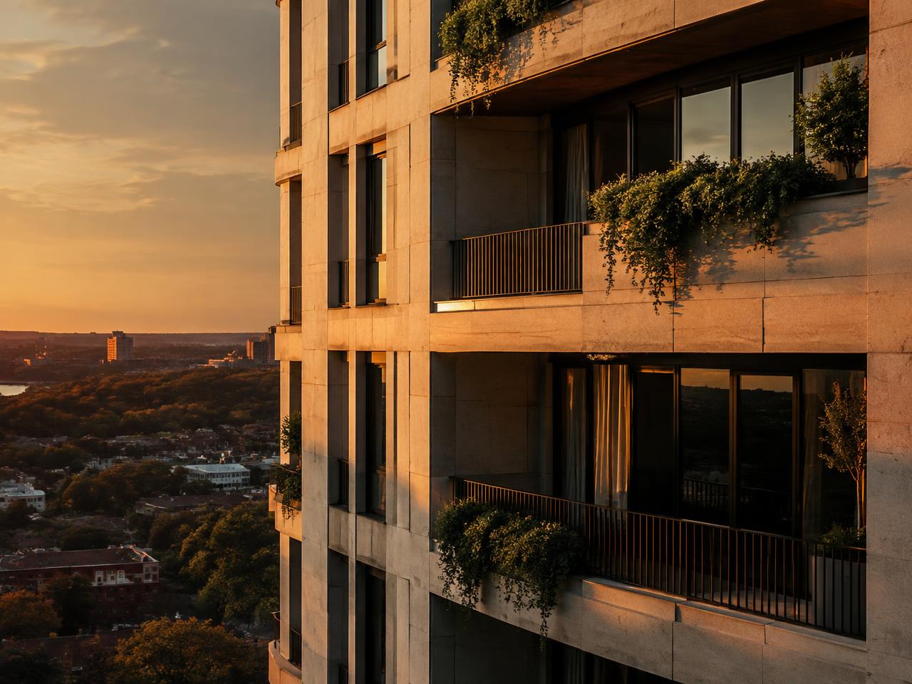 Limestone residential tower facade at golden hour